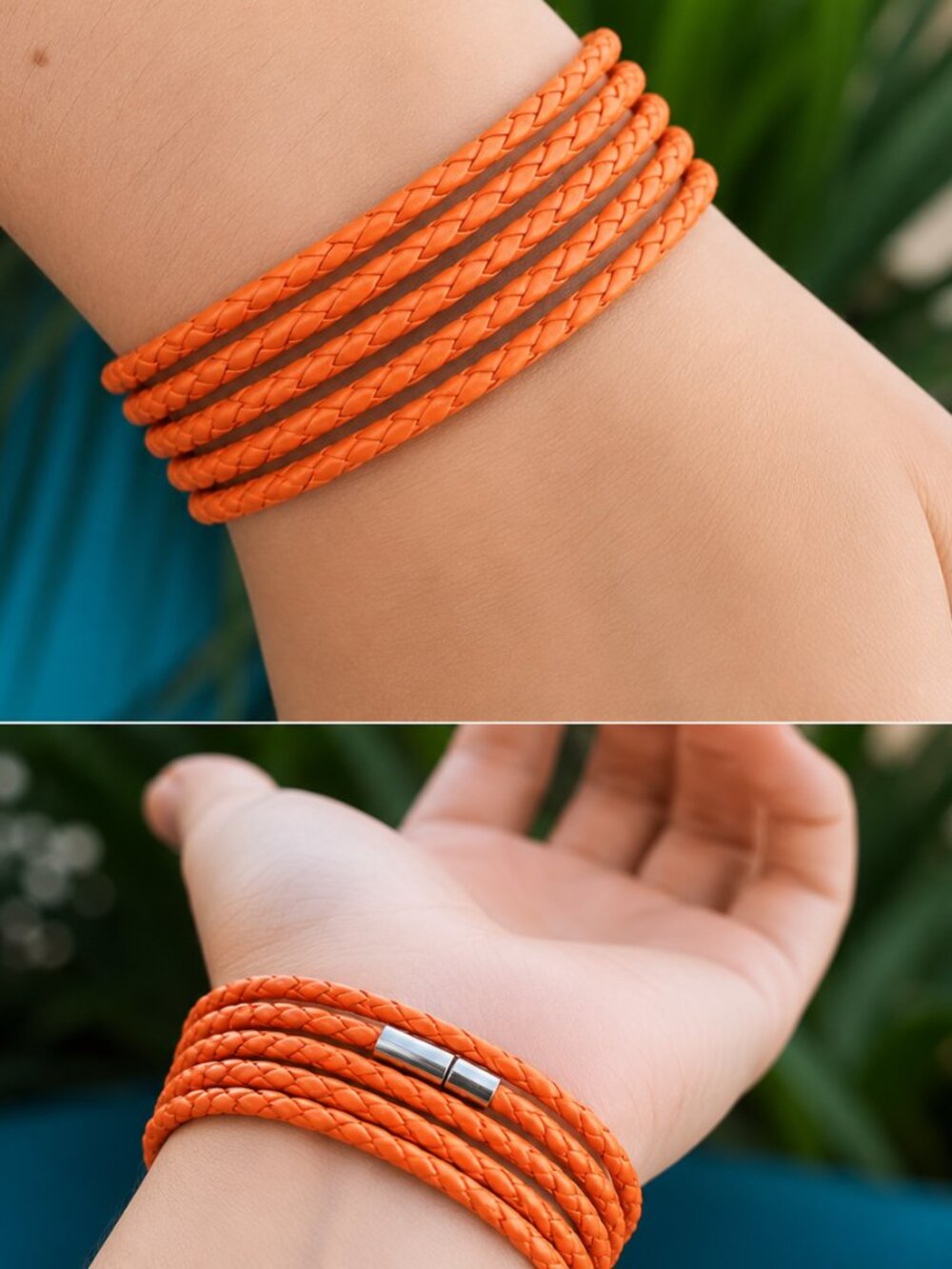 ORANGE Braided Leather Wrap Bracelet – Magnetic Clasp | Multiple Colors | 35.5"